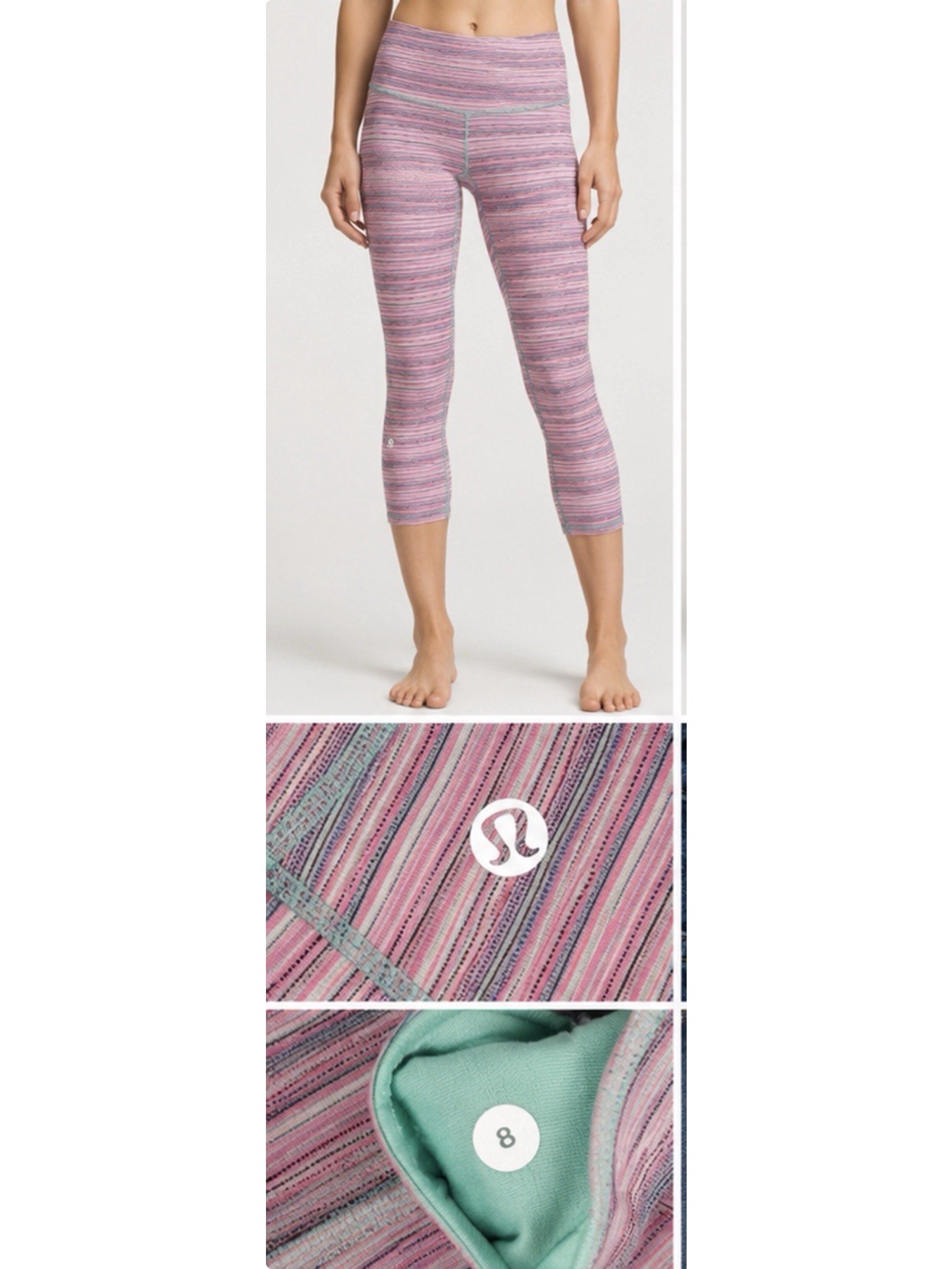 Lululemon Wunder Under Crop Leggings Size 8 Pink Striped Yoga Pants
